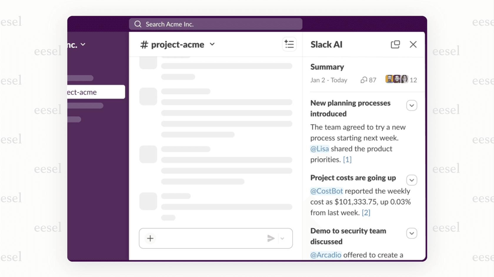Slack AI conversation summaries feature.