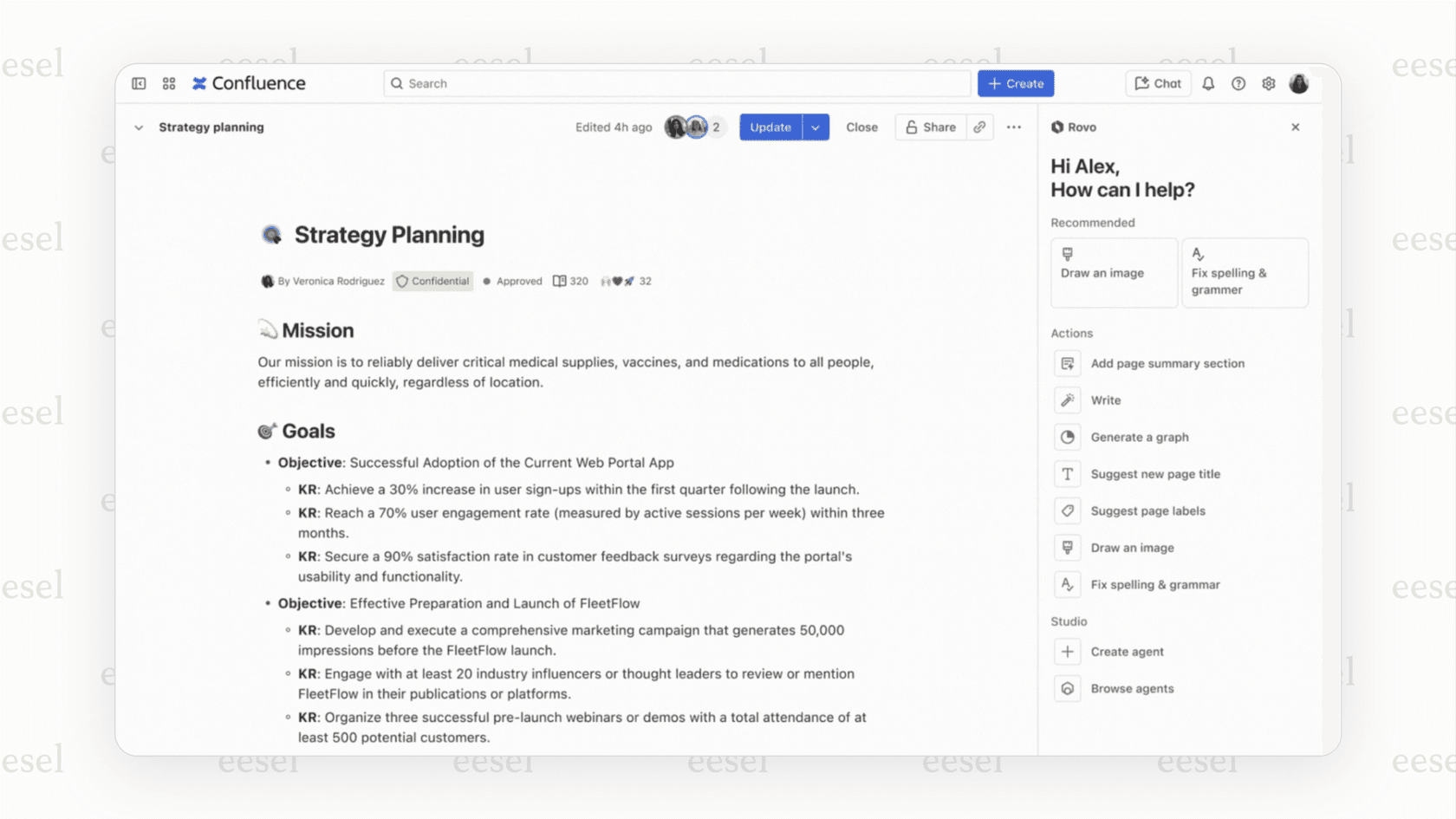 Summoning a Rovo agent in Confluence for writing help.
