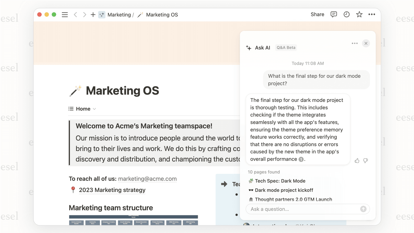 Asking a question and getting a summary from Notion AI.