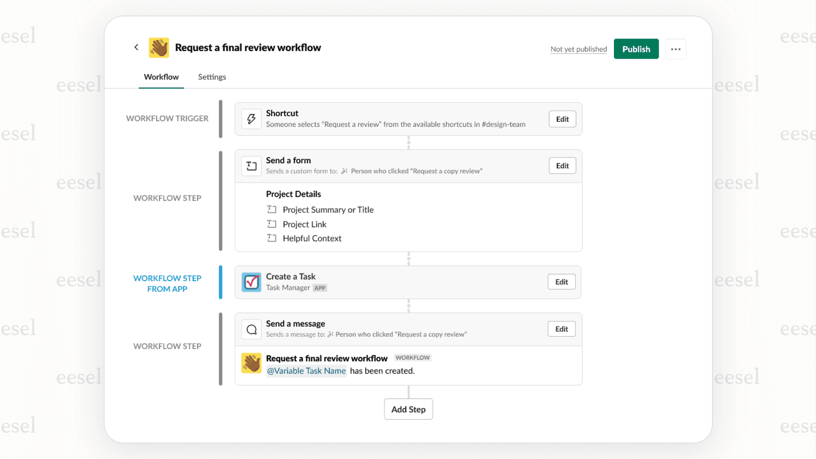 The AI-powered workflow builder in Slack AI.