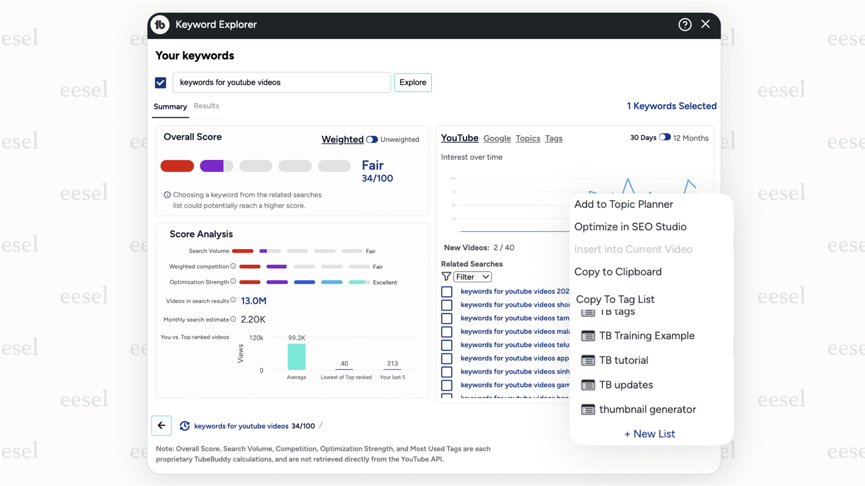 Screenshot of the TubeBuddy Youtube AI tool displaying keyword analytics, including a score, search volume, and related search terms to help with SEO.
