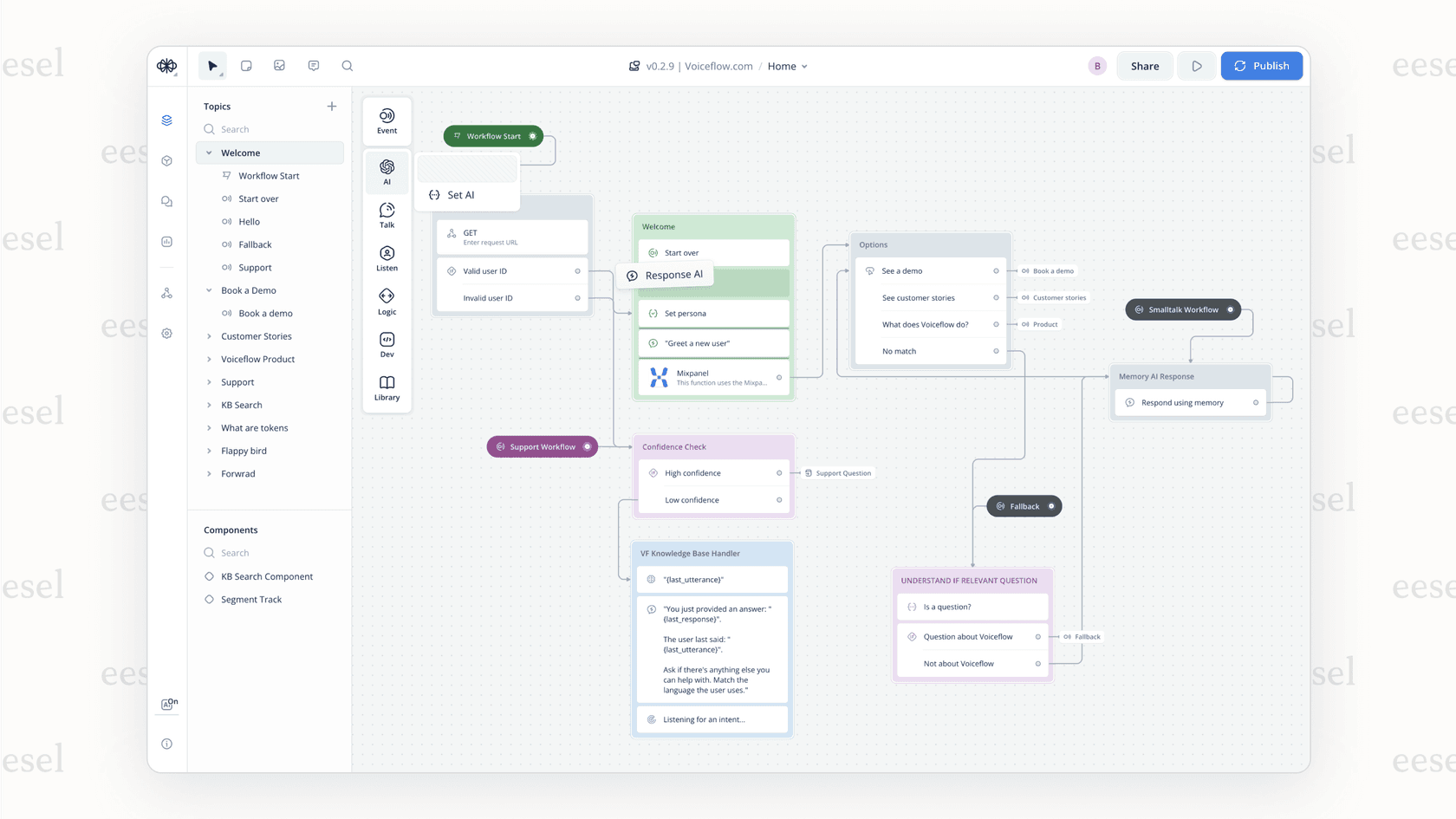 Voiceflow's no-code interface.