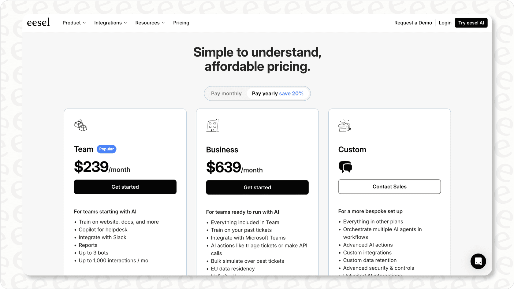 eesel AI pricing page showing transparent per-task rates.