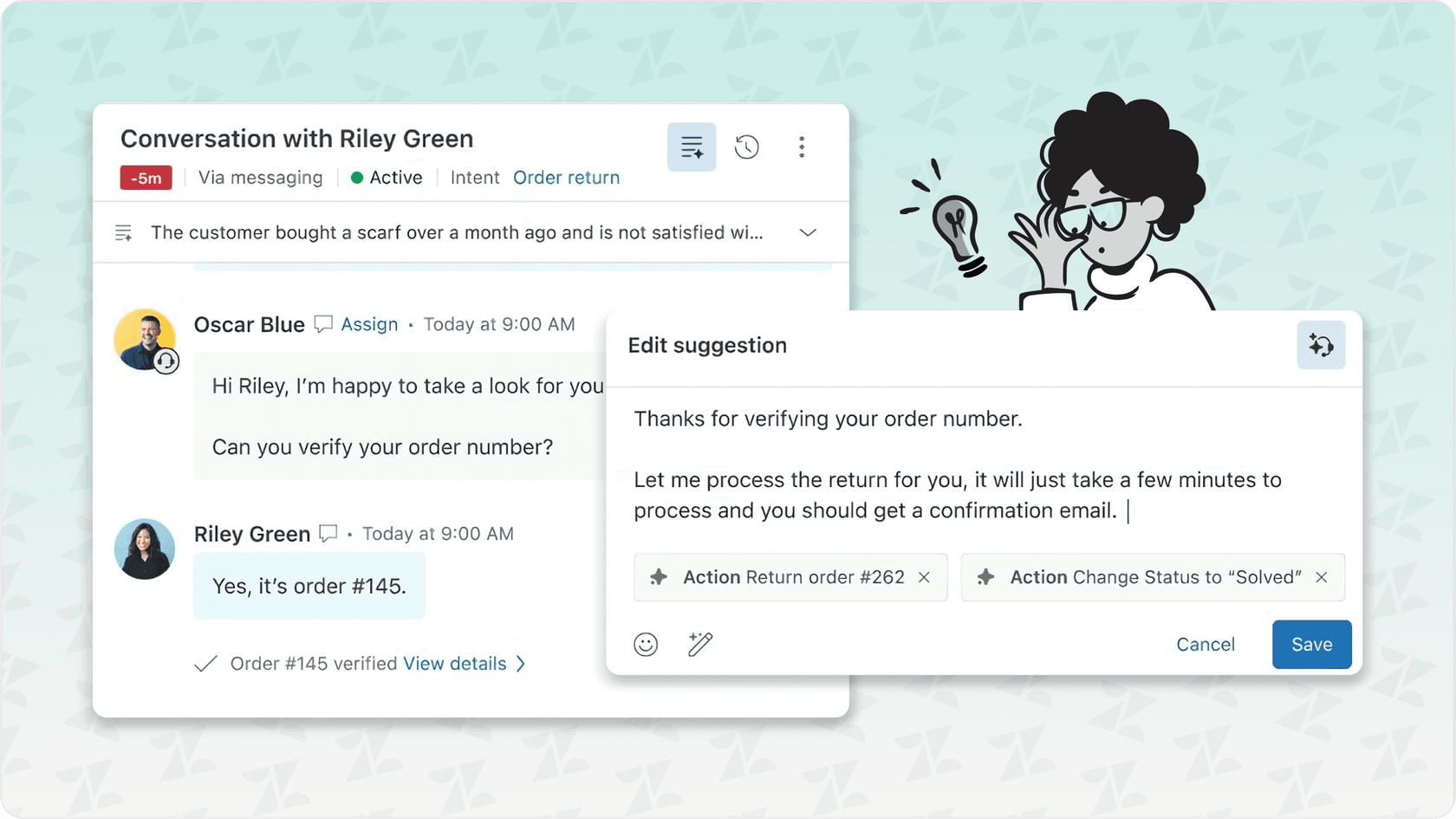 Zendesk Agent Workspace with Agent Assist suggesting a draft reply.