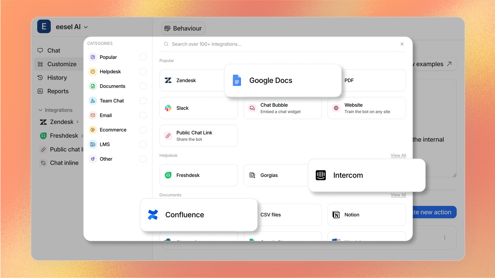 A screenshot of the eesel AI dashboard showing its ability to connect with many platforms, a key differentiator in this Gorgias AI overview.