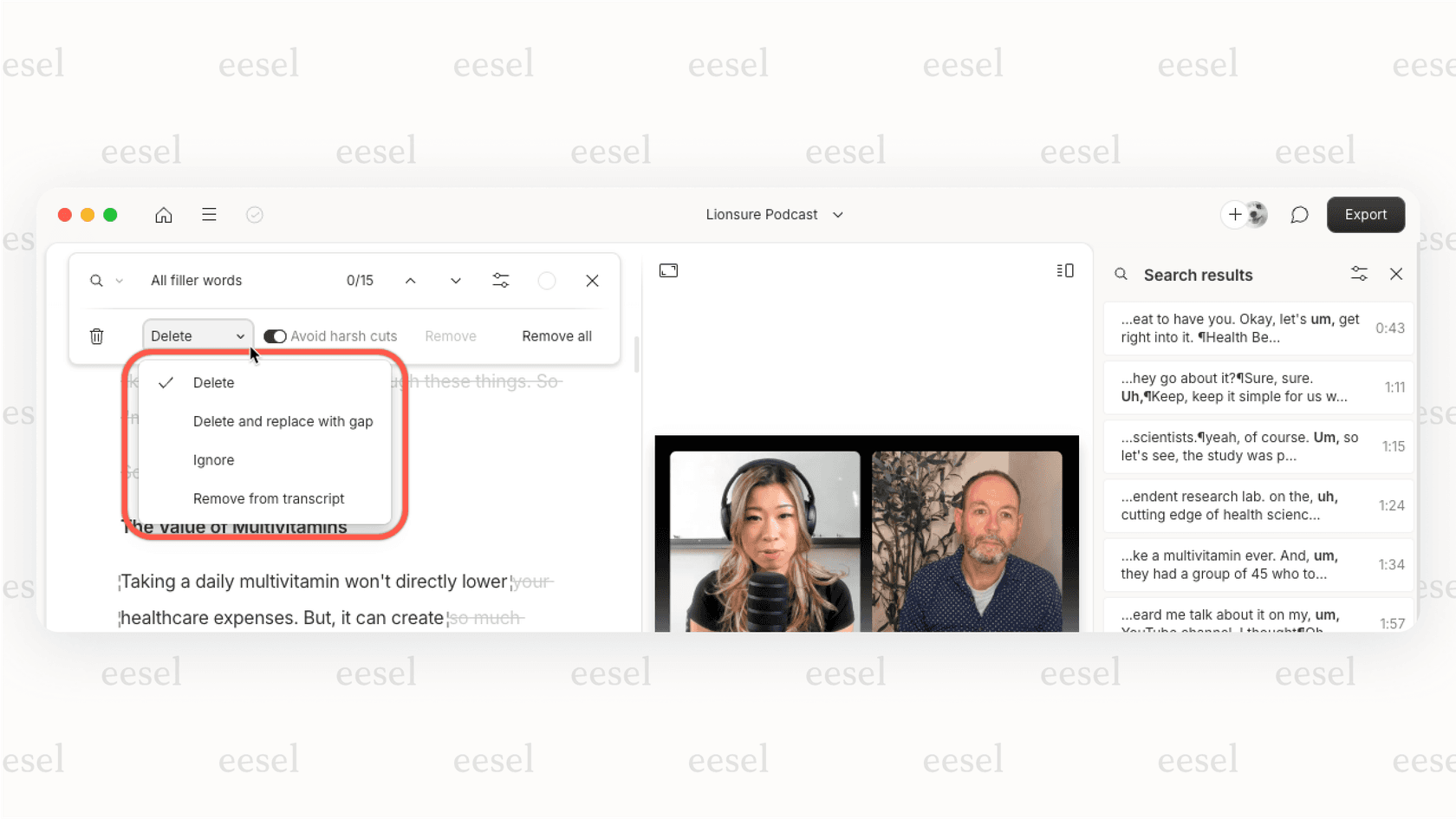 Screenshot of the Descript editor, a Youtube AI tool that allows users to edit video by editing the transcribed text, with filler words like "um" highlighted for easy removal.