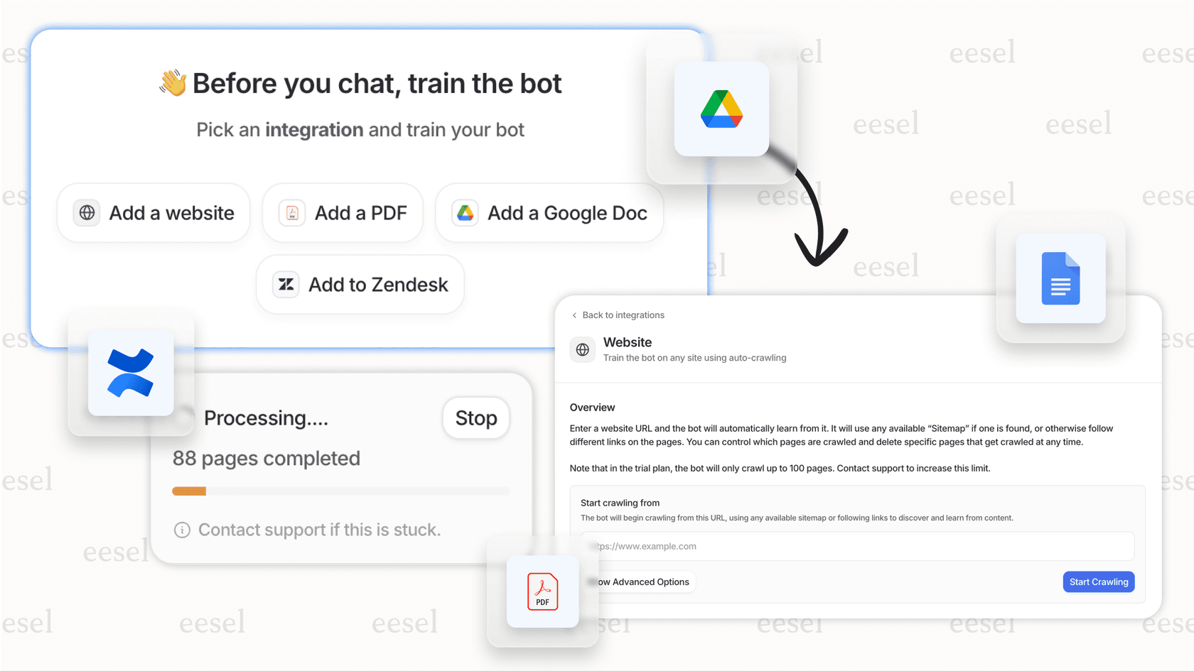 The eesel AI interface showing multiple knowledge sources connected, a feature that provides a superior alternative to the complex Dialpad pricing model.