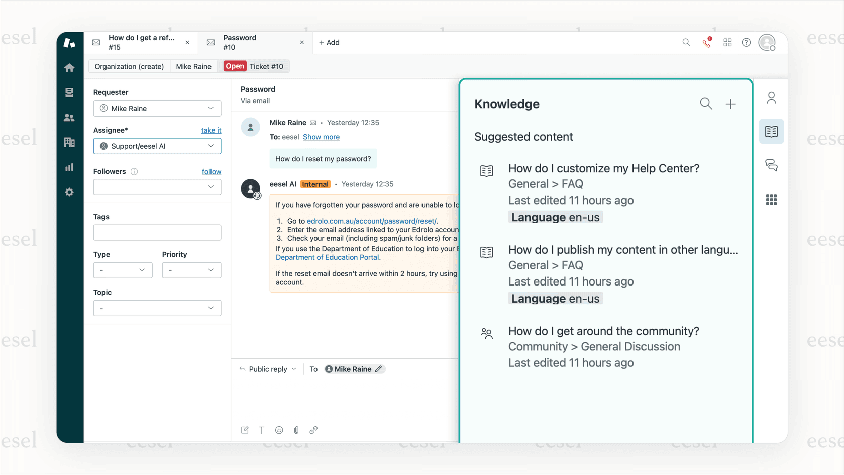 A connected Google Docs AI providing answers in Zendesk.