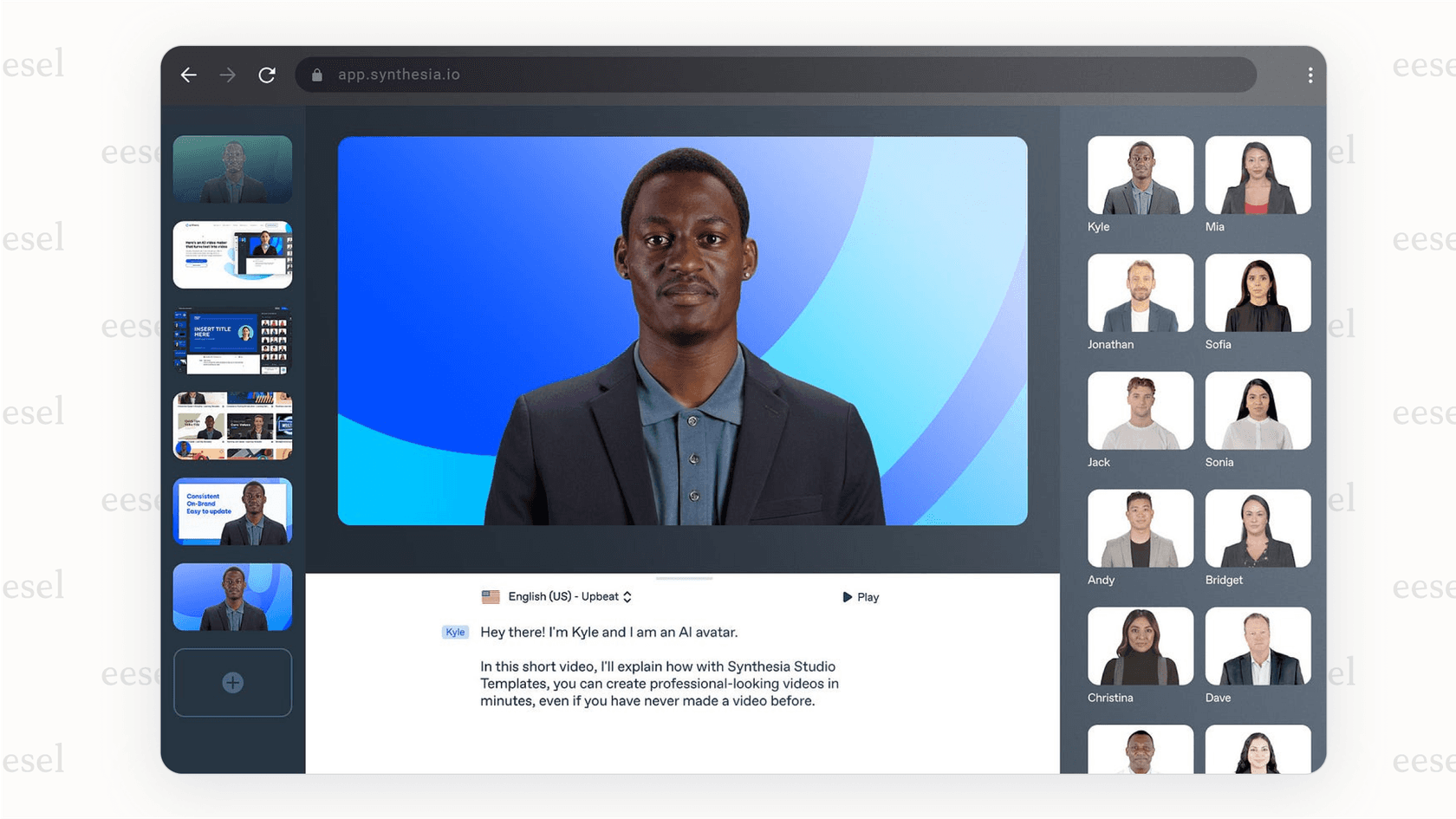 Screenshot of the Synthesia platform, a Youtube AI video generator, showing the user interface for writing a script, choosing an AI avatar, and generating a video.