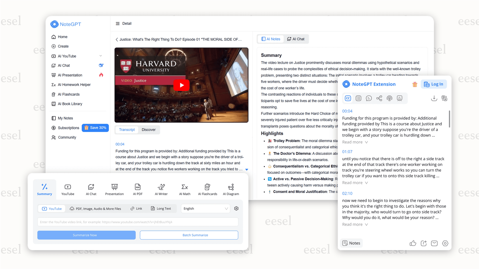 Screenshot of the NoteGPT website, where a Youtube AI is used to create a concise summary and key takeaways from a long YouTube video.