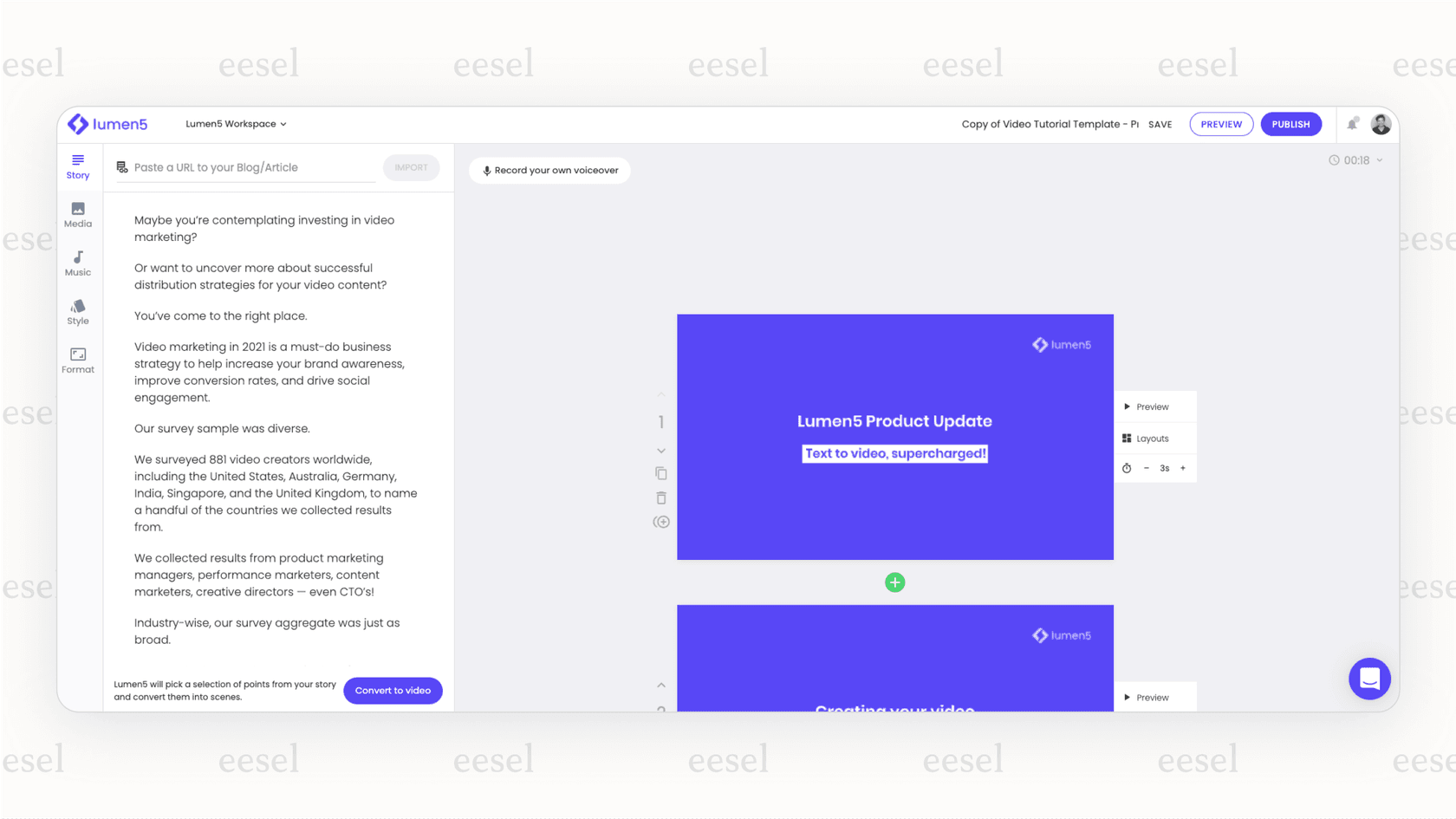 Screenshot of the Lumen5 platform, which uses Youtube AI to transform a text-based article into a sequence of video scenes for marketing content.