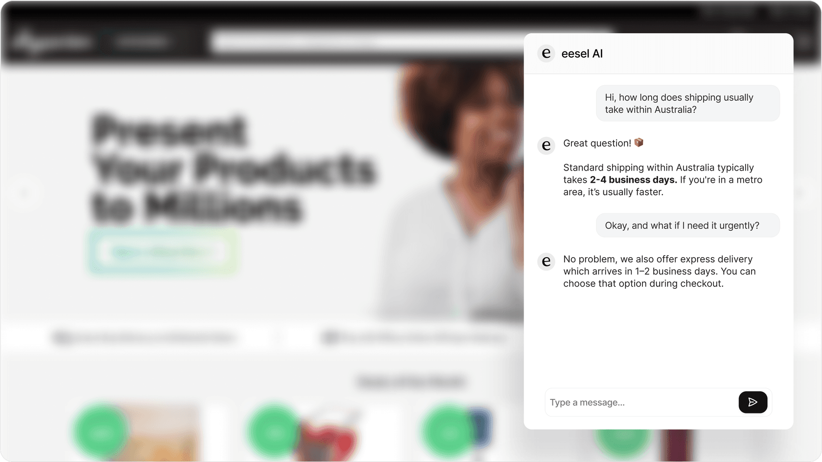 Website chat widget powered by an AI assistant handling a customer conversation.