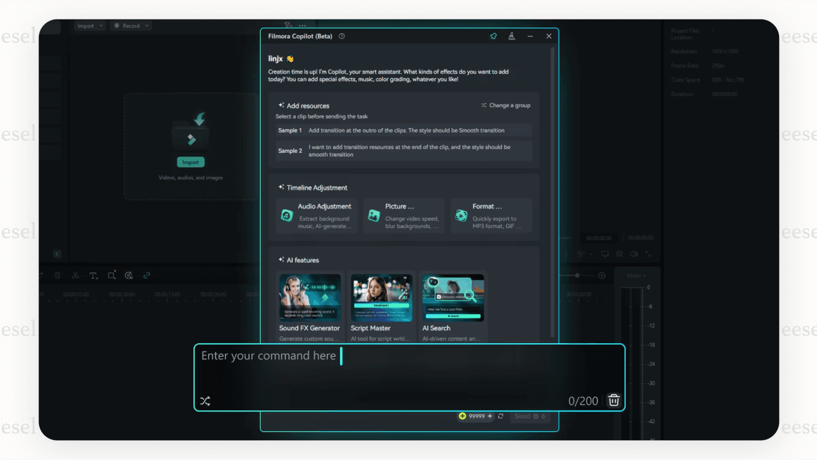 Screenshot of the Filmora video editor, highlighting the Youtube AI Copilot feature which provides contextual tips to speed up the editing process.