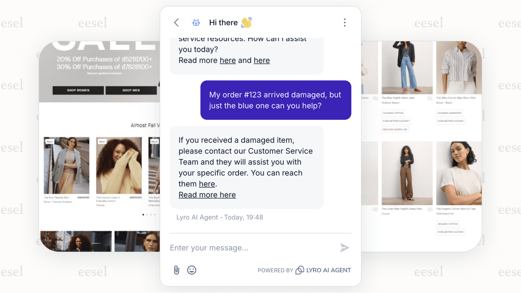 Tidio chat widget on an e-commerce site, showing a customer asking about a damaged order and receiving automated assistance.