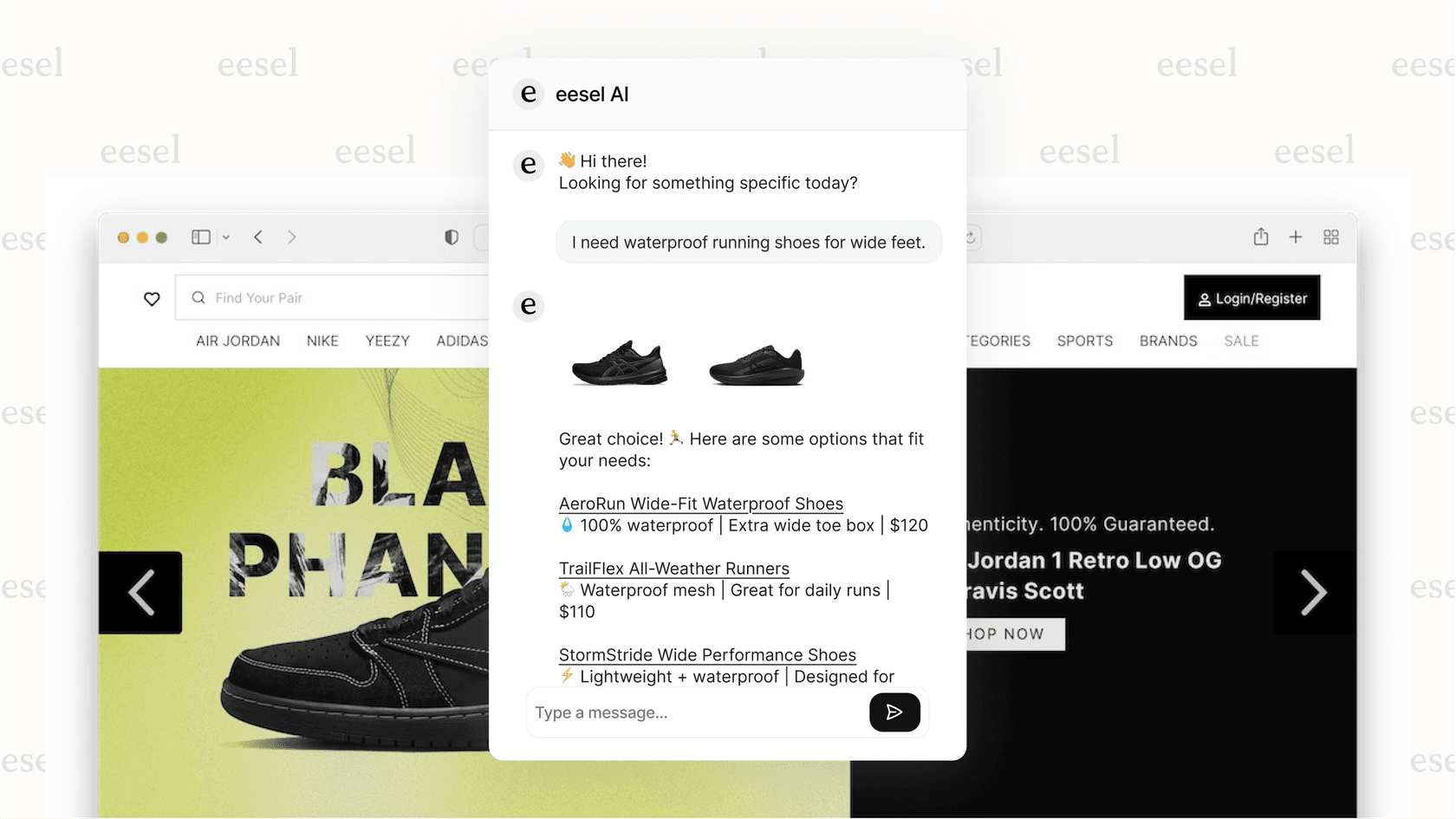 Screenshot showing a Cart GPT chatbot helping a shopper find the perfect running shoes based on their specific needs for trail running and wide feet.