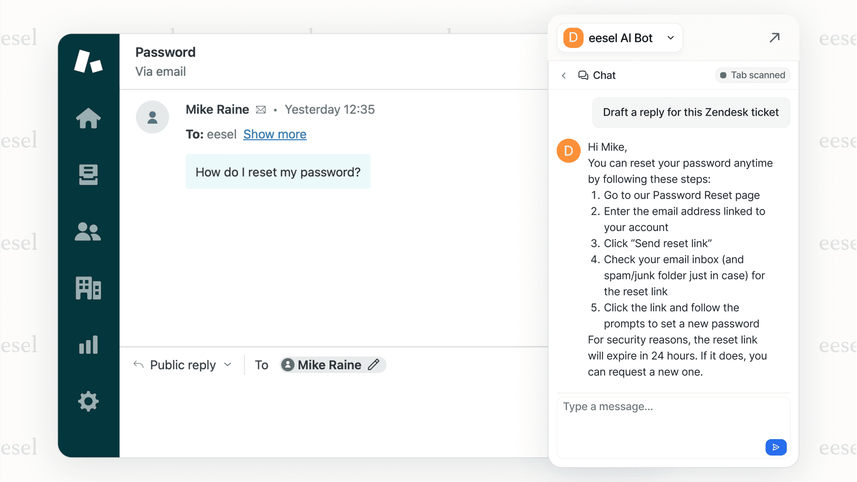 eesel AI's copilot, the best AI for writing customer support replies in Zendesk.