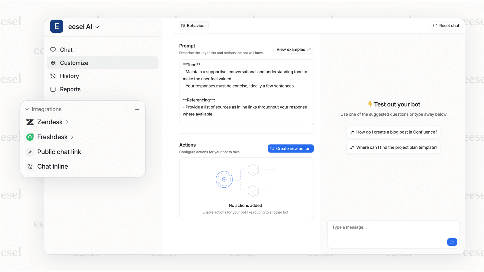 Screenshot of the eesel AI platform showing direct integrations with Zendesk and Freshdesk to enable AI first contact resolution by learning from past tickets.
