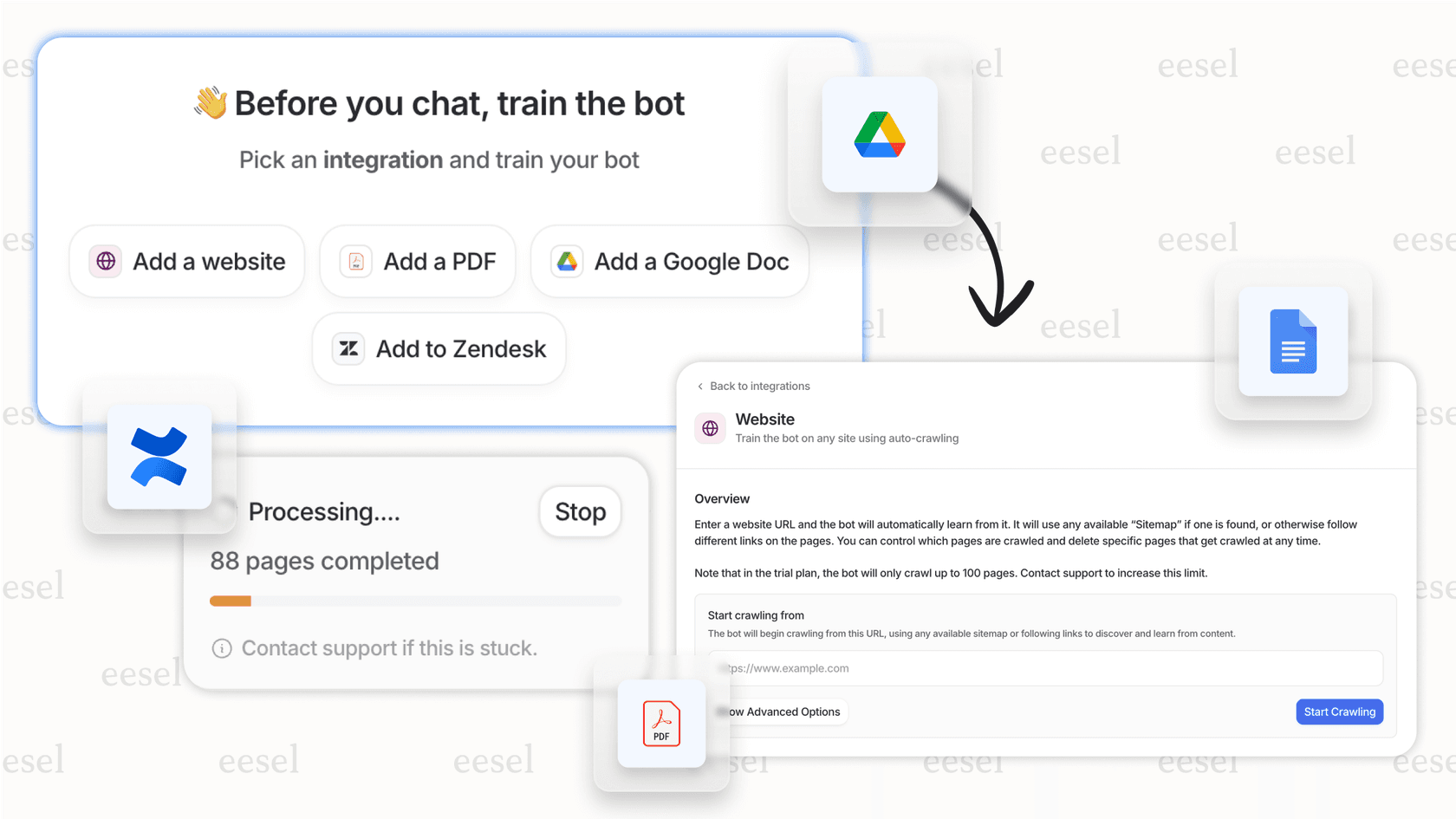 A screenshot of the eesel AI integrations page, which is a key part of setting up automated workflows, showing connections to various company knowledge bases.