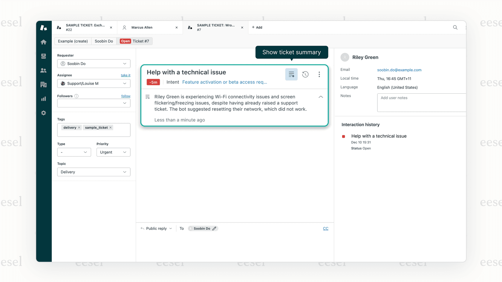 Screenshot of a help desk interface showing an AI-generated ticket summary for a technical support issue, demonstrating how AI assists in ticket management.