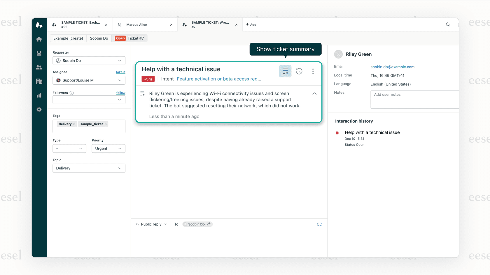 Screenshot showing how AI ticket summarization provides a structured overview of a customer support conversation.