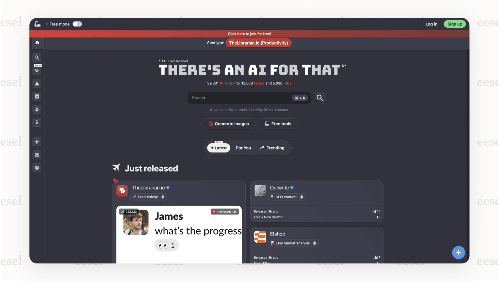 The homepage for There's An AI For That, an AI tool directory.