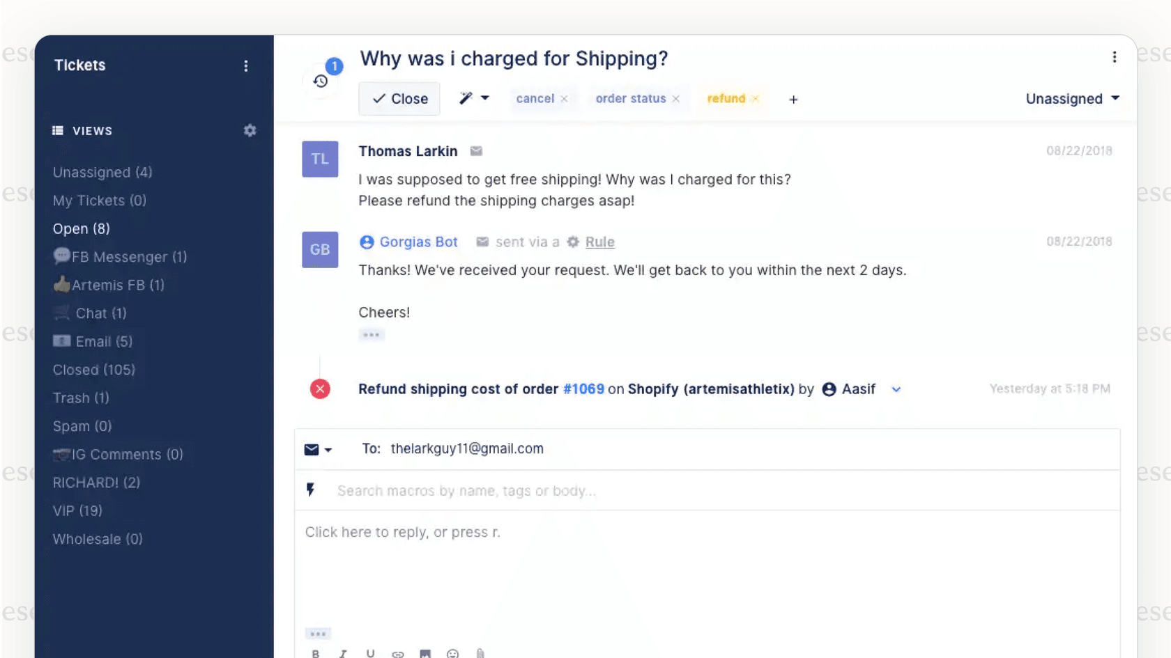 A screenshot from a Gorgias review showing the unified inbox feature that combines customer messages from email, chat, and social media into a single feed.