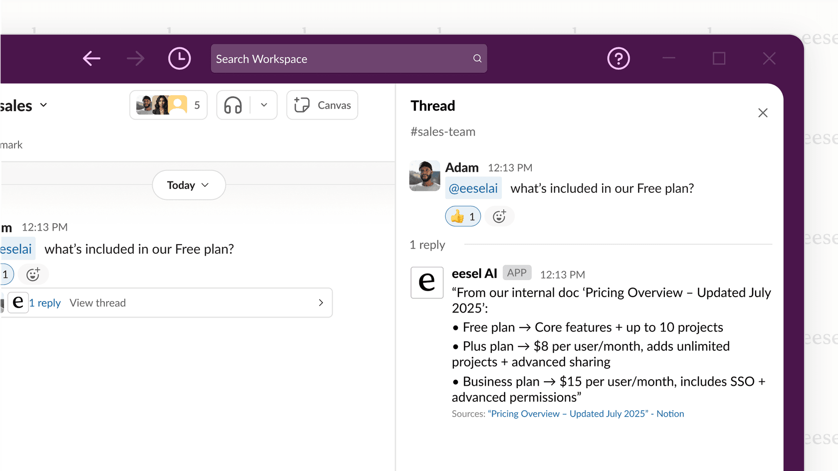 A screenshot of eesel AI's chat feature, a top choice among notion alternatives, answering a question using knowledge from integrated apps.