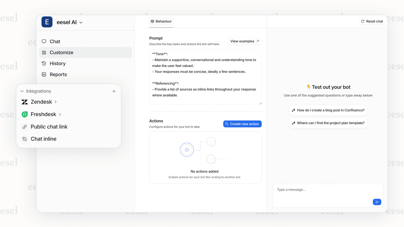 eesel AI dashboard showing active integrations with Zendesk, Freshdesk, and chat options