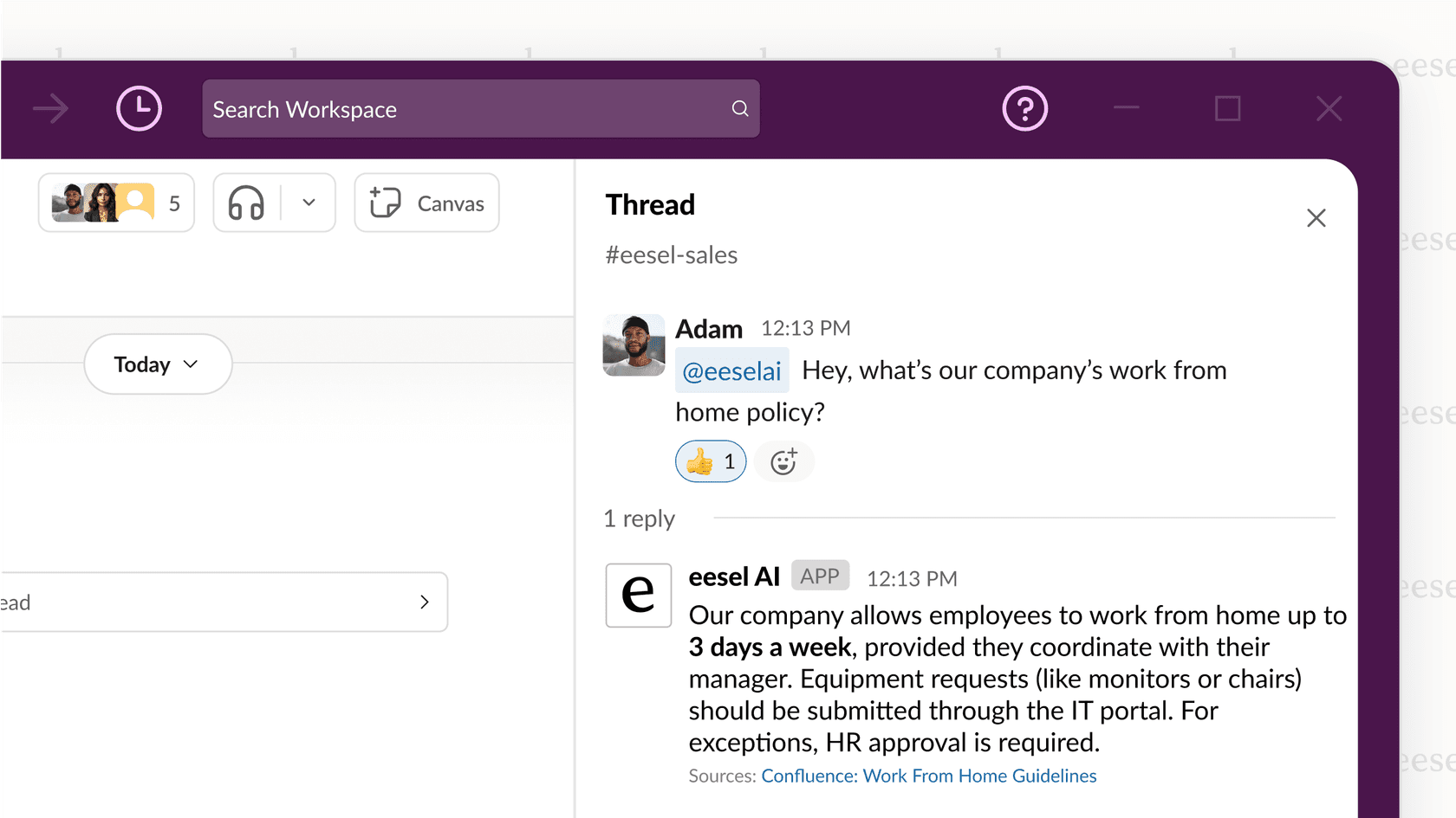 The eesel AI internal chat using Retrieval-Augmented Generation for internal prompt engineering, answering a question with a source link.