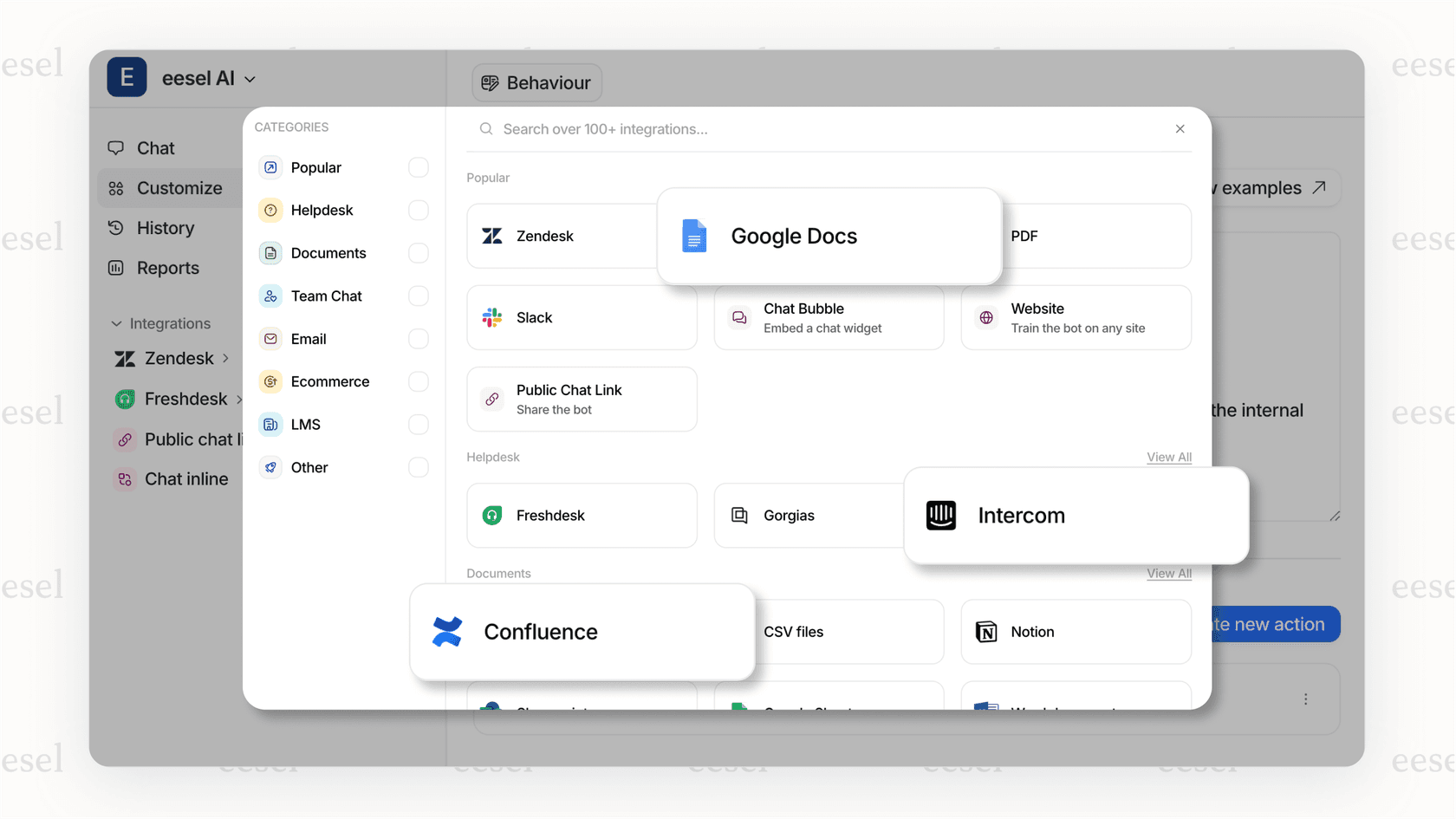 A screenshot of an integrations dashboard for a custom AI, highlighting the ease of connecting tools like Zendesk and Slack.