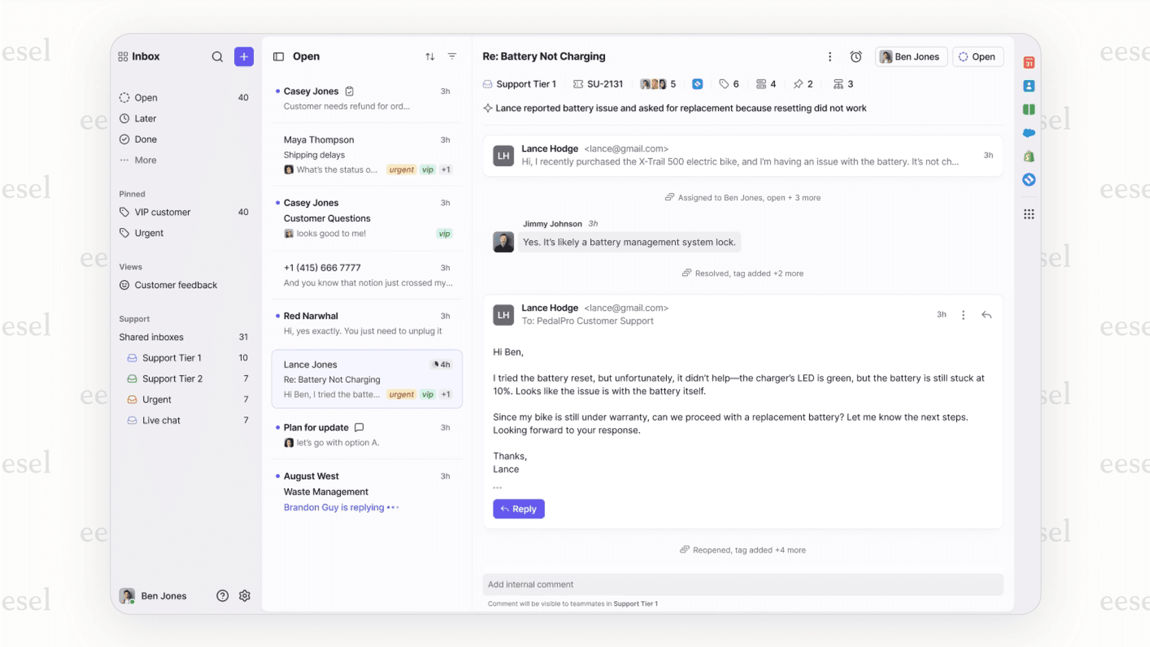 Screenshot showing how to assign conversations in Front