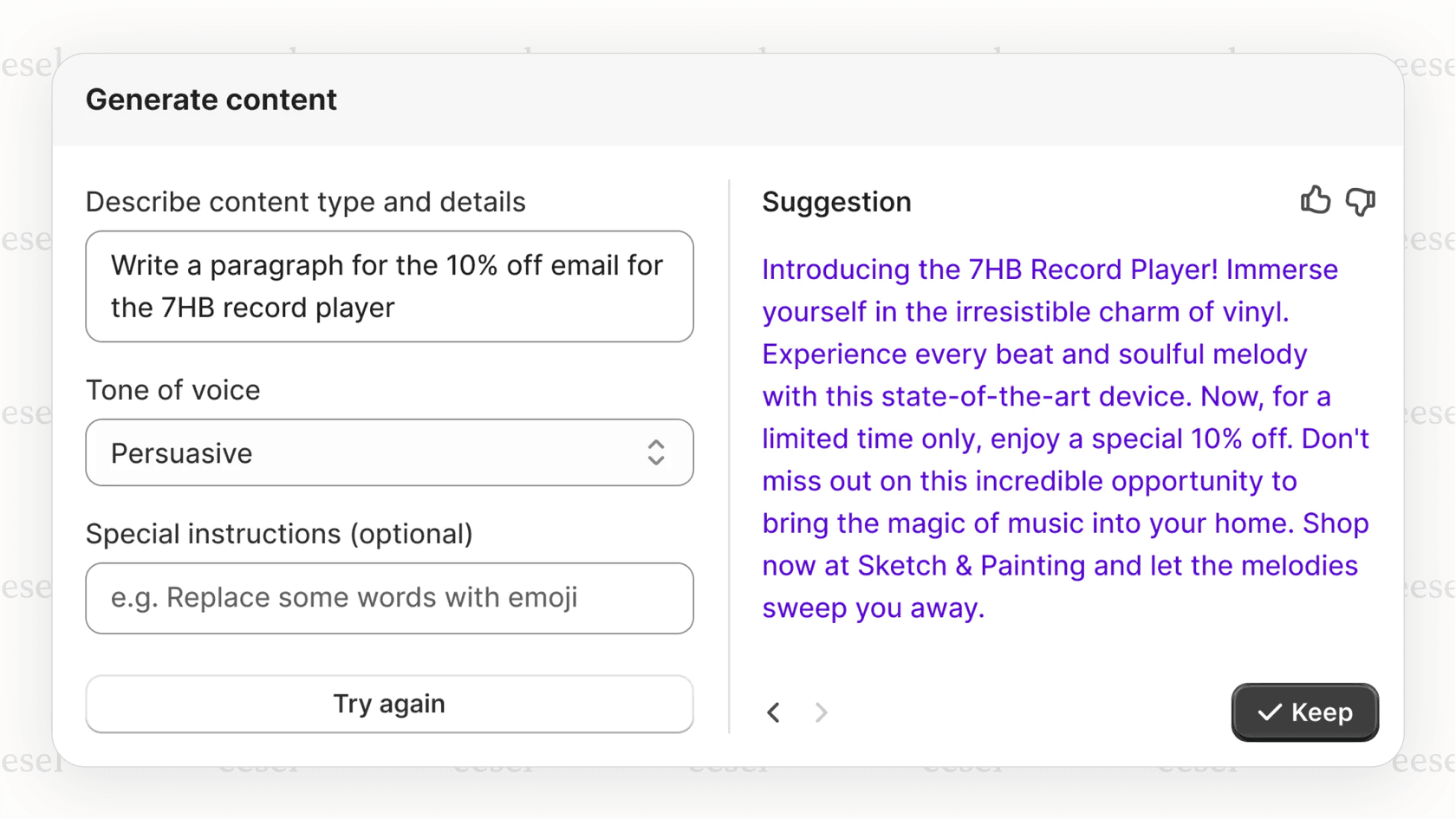 Screenshot of a Cart GPT integrated into an ecommerce backend, automatically writing a compelling product description to save the merchant time.