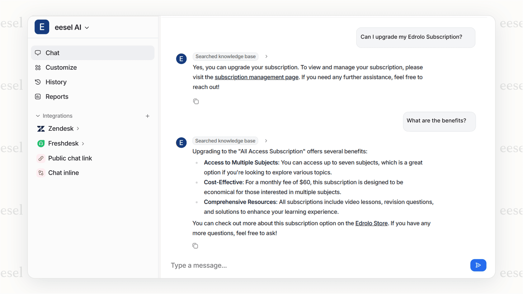 A screenshot of the eesel AI platform, considered the best knowledge management software for its ability to simulate AI performance on historical data.