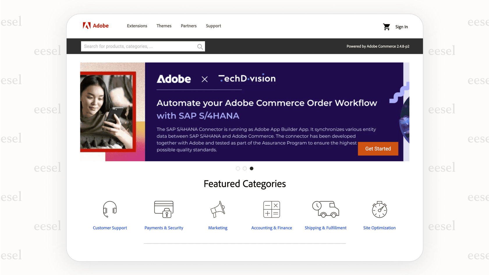 Screenshot from the Adobe Commerce Marketplace showing various themes, illustrating how theme selection impacts the overall Magento pricing for a new store.