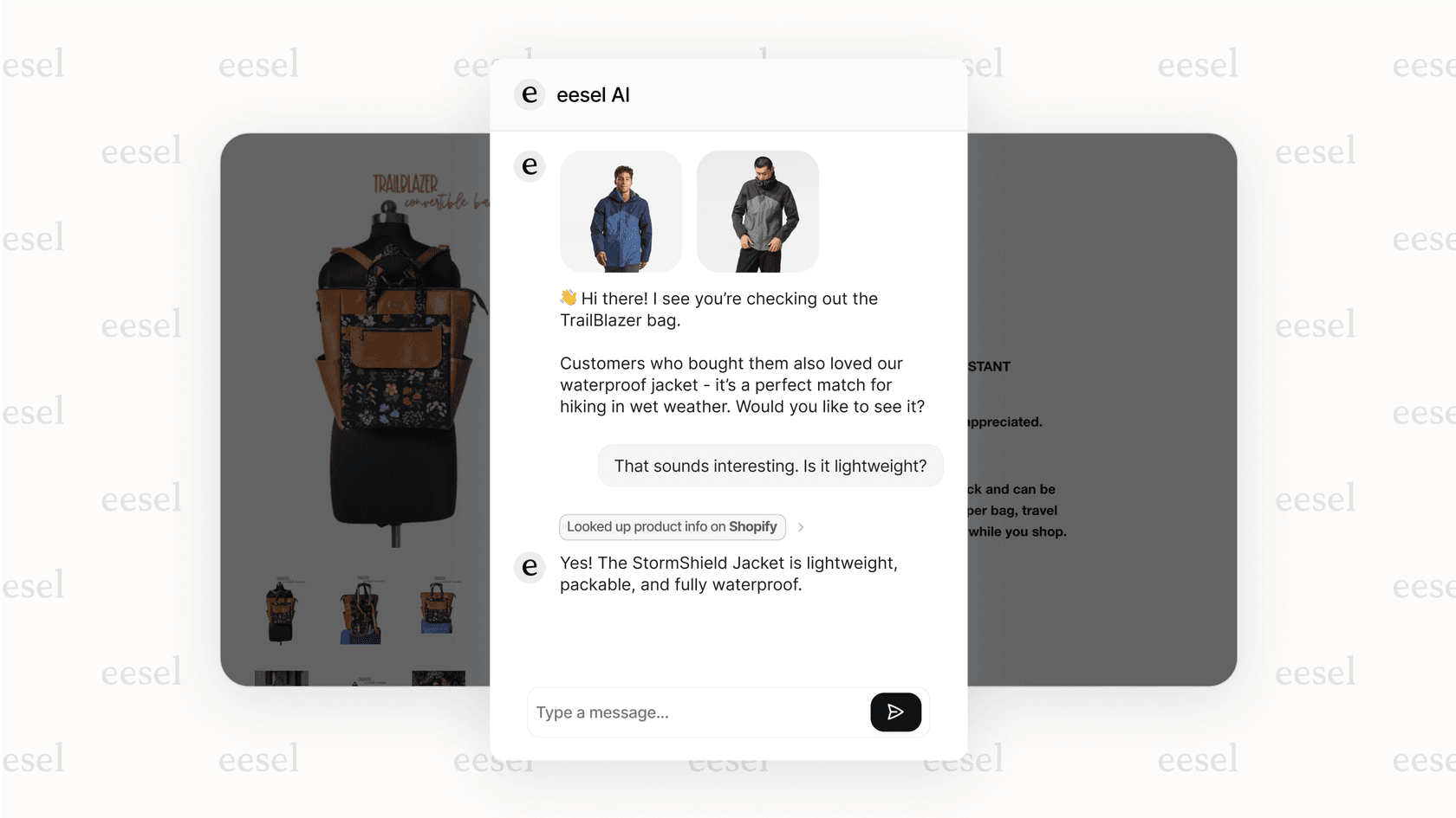 A chat widget showing a proactive and personalized product recommendation from a conversational ai for retail platform.