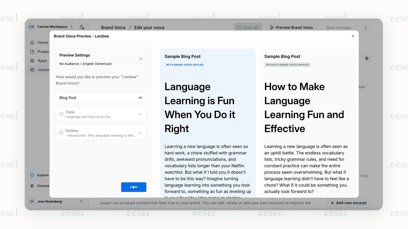 Jasper's Brand Voice feature for consistent content creation.