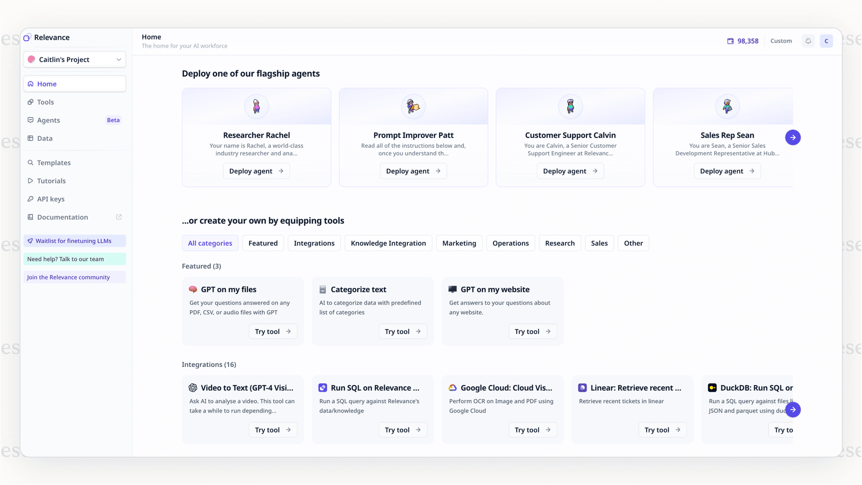 A view of the agent template library in Relevance AI, showing how features impact the overall Relevance AI pricing structure.