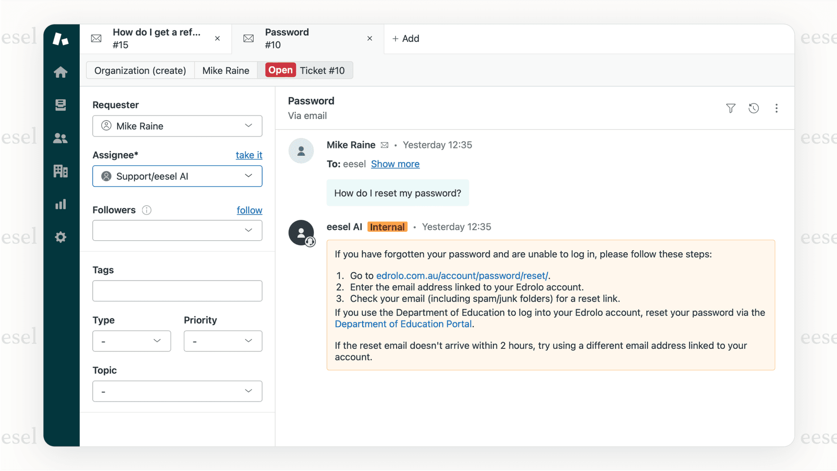 A screenshot showing an AI Agent within a helpdesk interface providing an instant, accurate answer to a common customer question, illustrating proactive customer engagement.