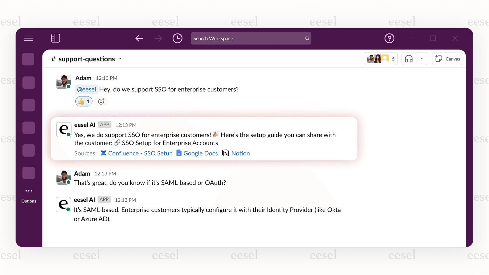 A screenshot showing how one of the top Confluence apps, eesel AI, provides an instant answer to a question within a Slack channel, with a link to the original Confluence document.