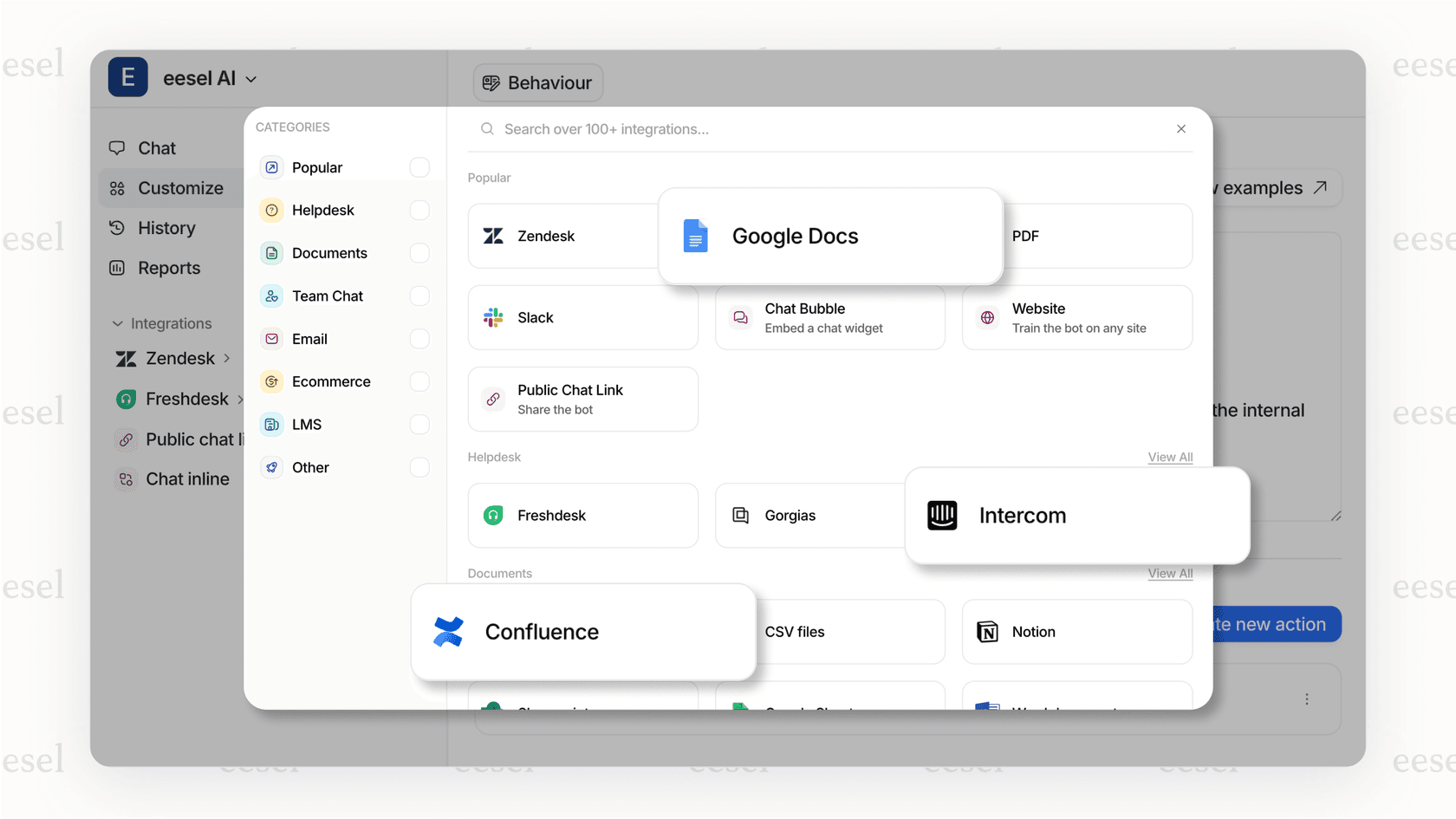 A screenshot from the eesel AI platform showing a grid of logos for easy, one-click integrations like Zendesk, Slack, and Confluence, which are essential for AI analytics.