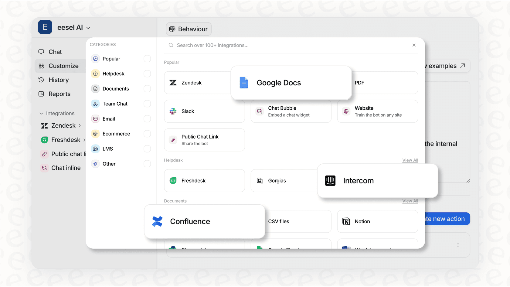 A screenshot of the eesel AI integrations page, illustrating how the RAG full form in AI can retrieve information from multiple sources like Zendesk and Confluence.