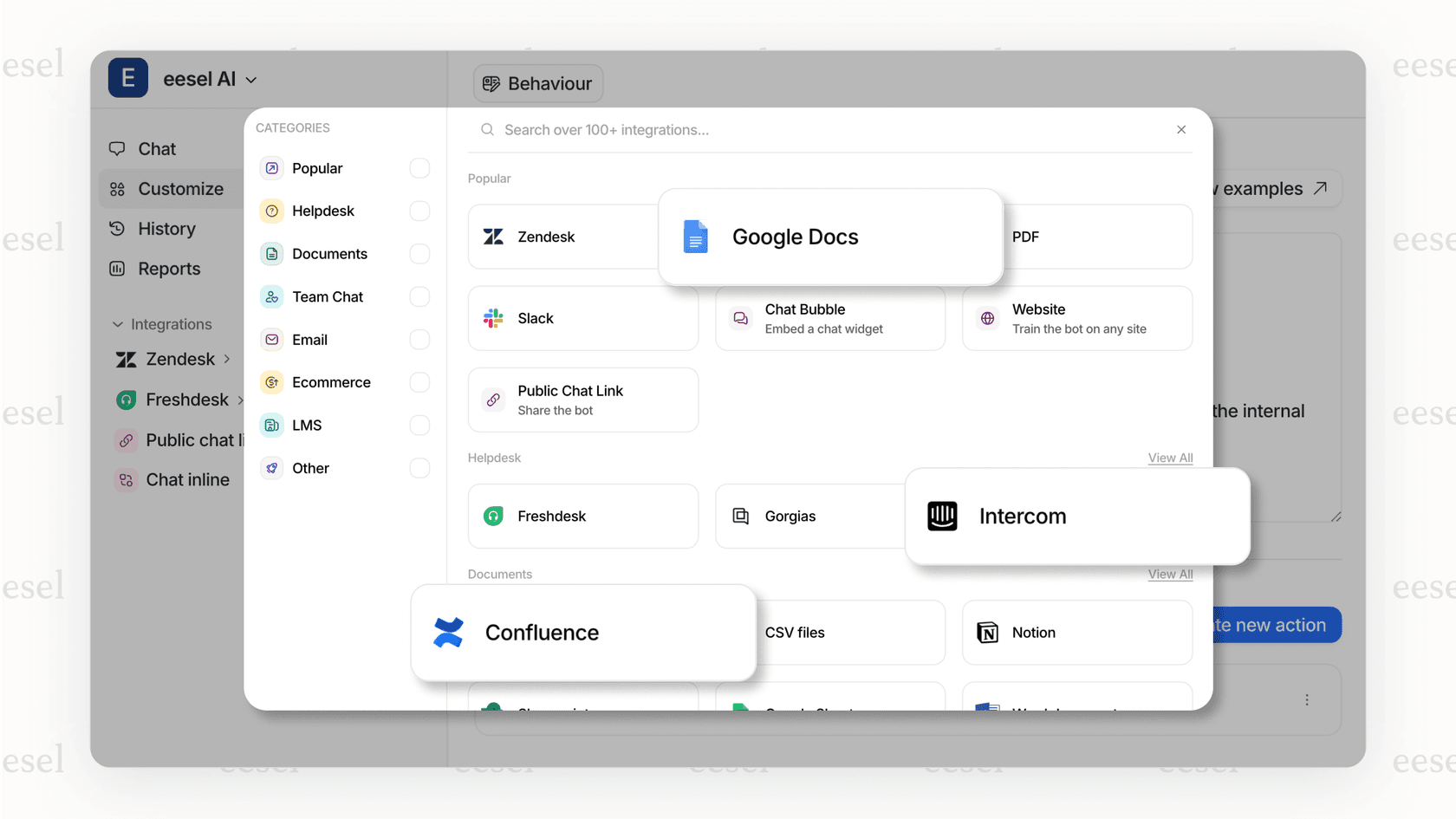 A screenshot of the eesel AI integration gallery which solves common AI chatbot problems by connecting to existing help desks and knowledge bases.
