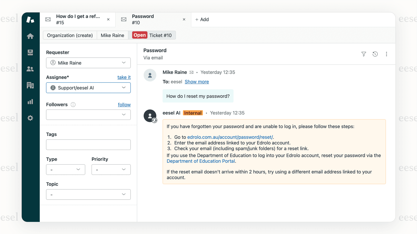 Screenshot of eesel AI answering a ticket in Zendesk.