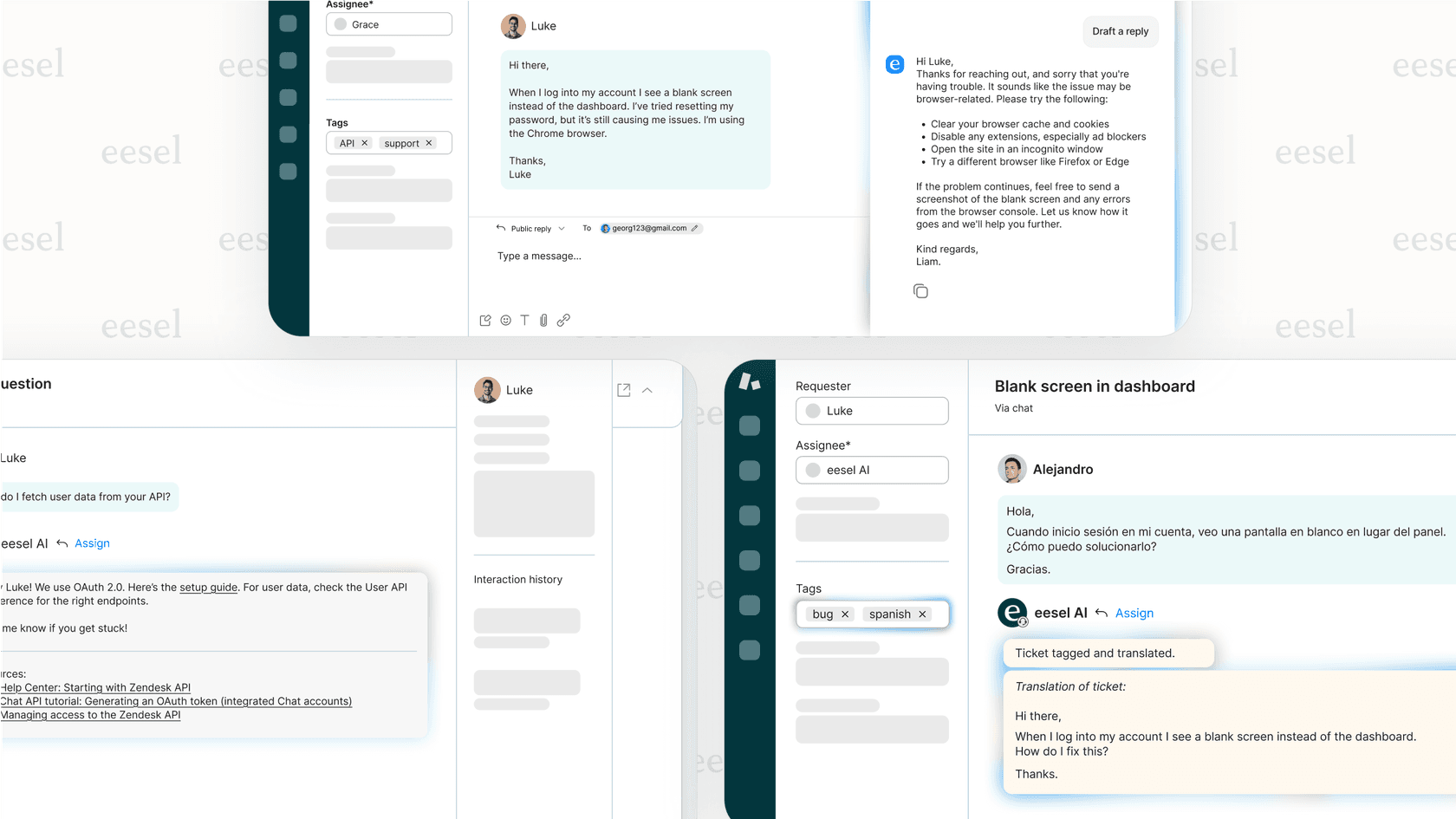 A screenshot of the eesel AI platform dashboard, a key tool for AI for customer service automation. The three main products are visible: AI Agent for autonomous resolutions, AI Copilot for agent assistance inside the help desk, and AI Triage for automated ticket routing.