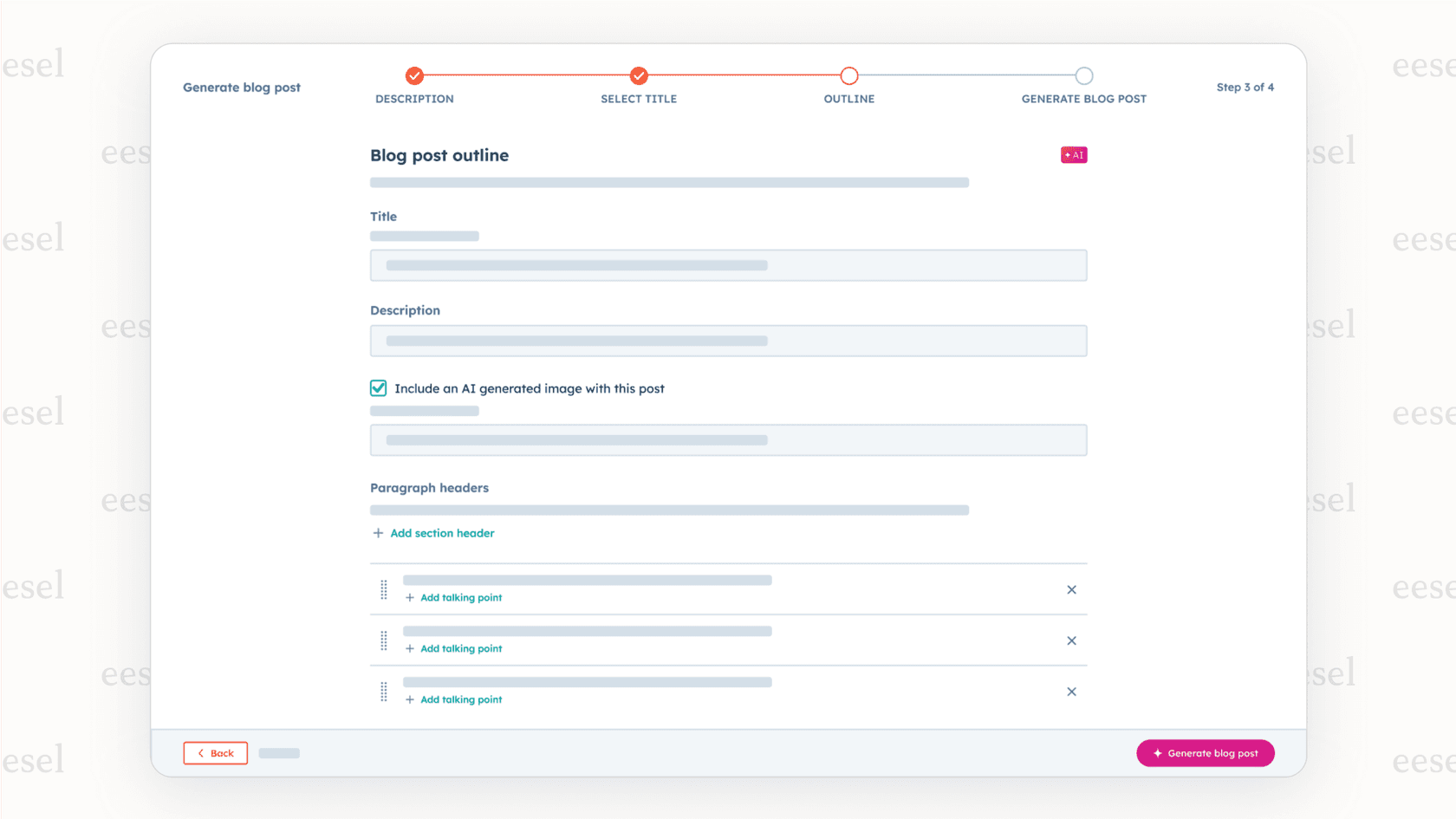Screenshot showing the HubSpot AI agent Content Agent with a prompt on the left and an AI-generated blog post draft on the right, demonstrating its content generation capability.