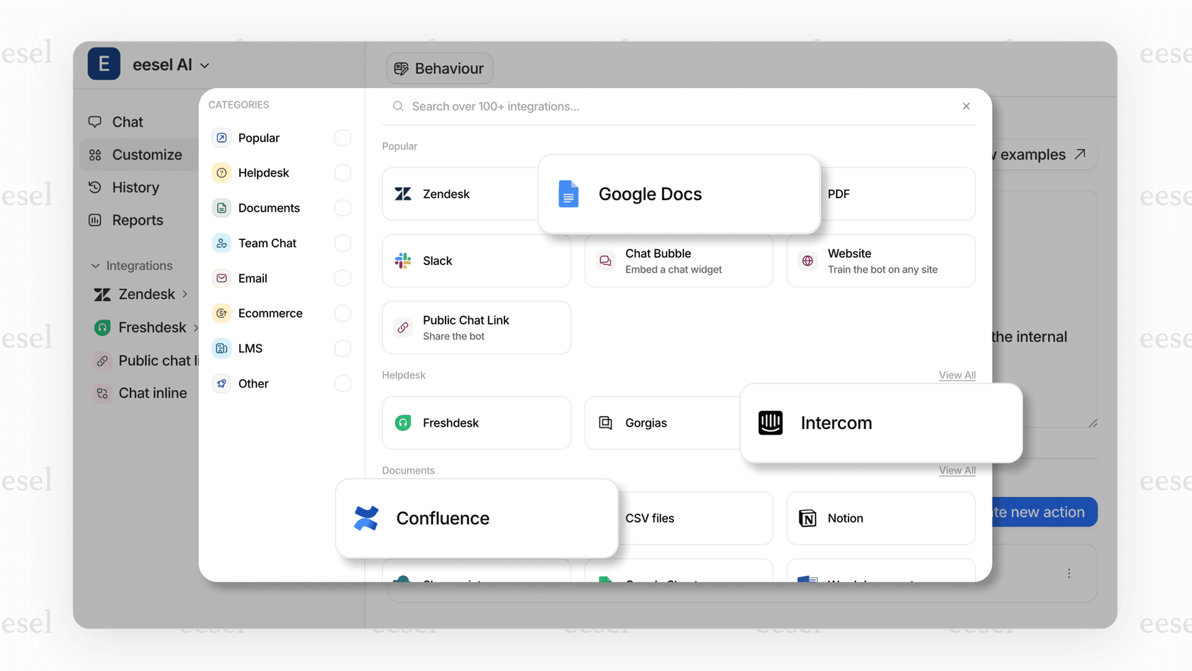 eesel AI integration dashboard connecting helpdesk, documents, and team chat tools
