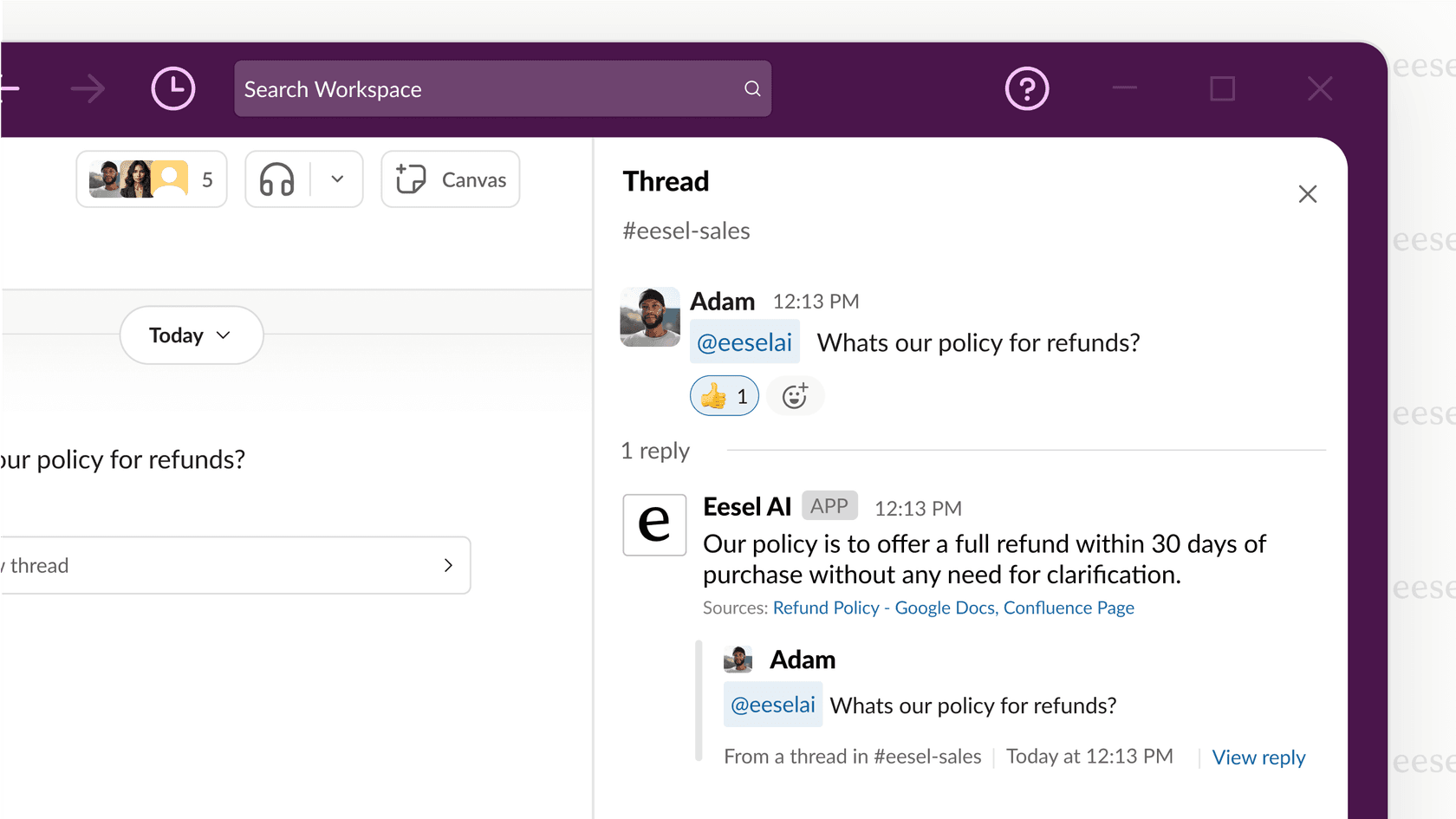 A screenshot showing the eesel AI internal chat interface providing an answer to a question about company policy, demonstrating how Google Drive alternatives can unlock business knowledge.