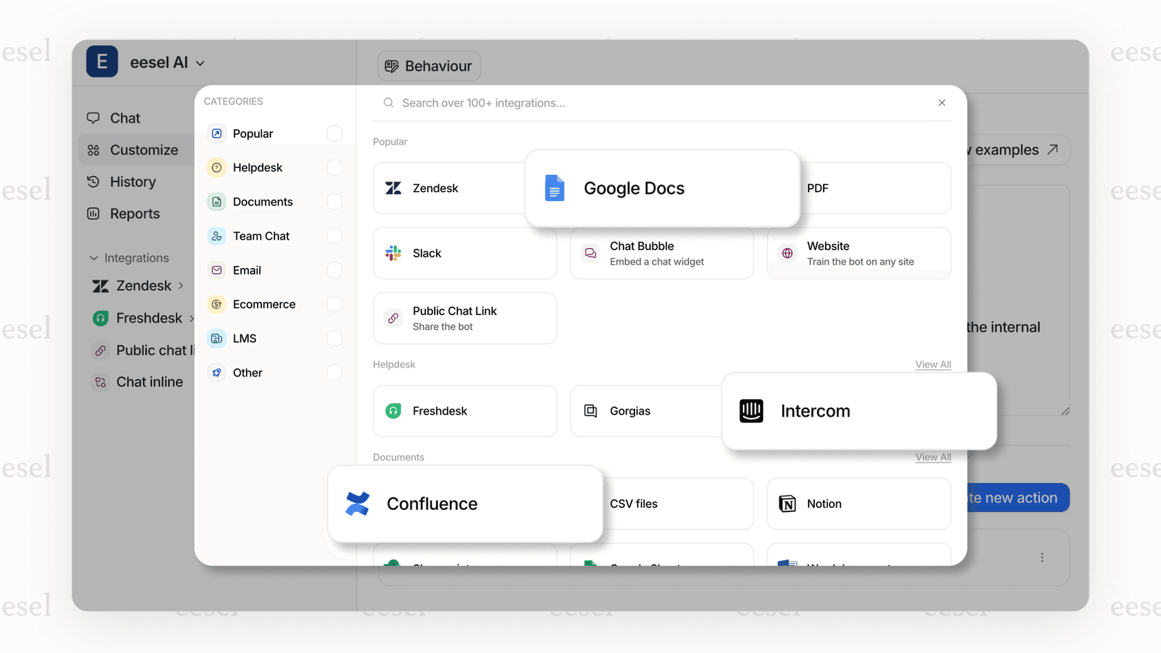 A screenshot of the eesel AI platform showing one-click integrations with tools like Zendesk and Confluence, which is essential for effective proactive AI support.