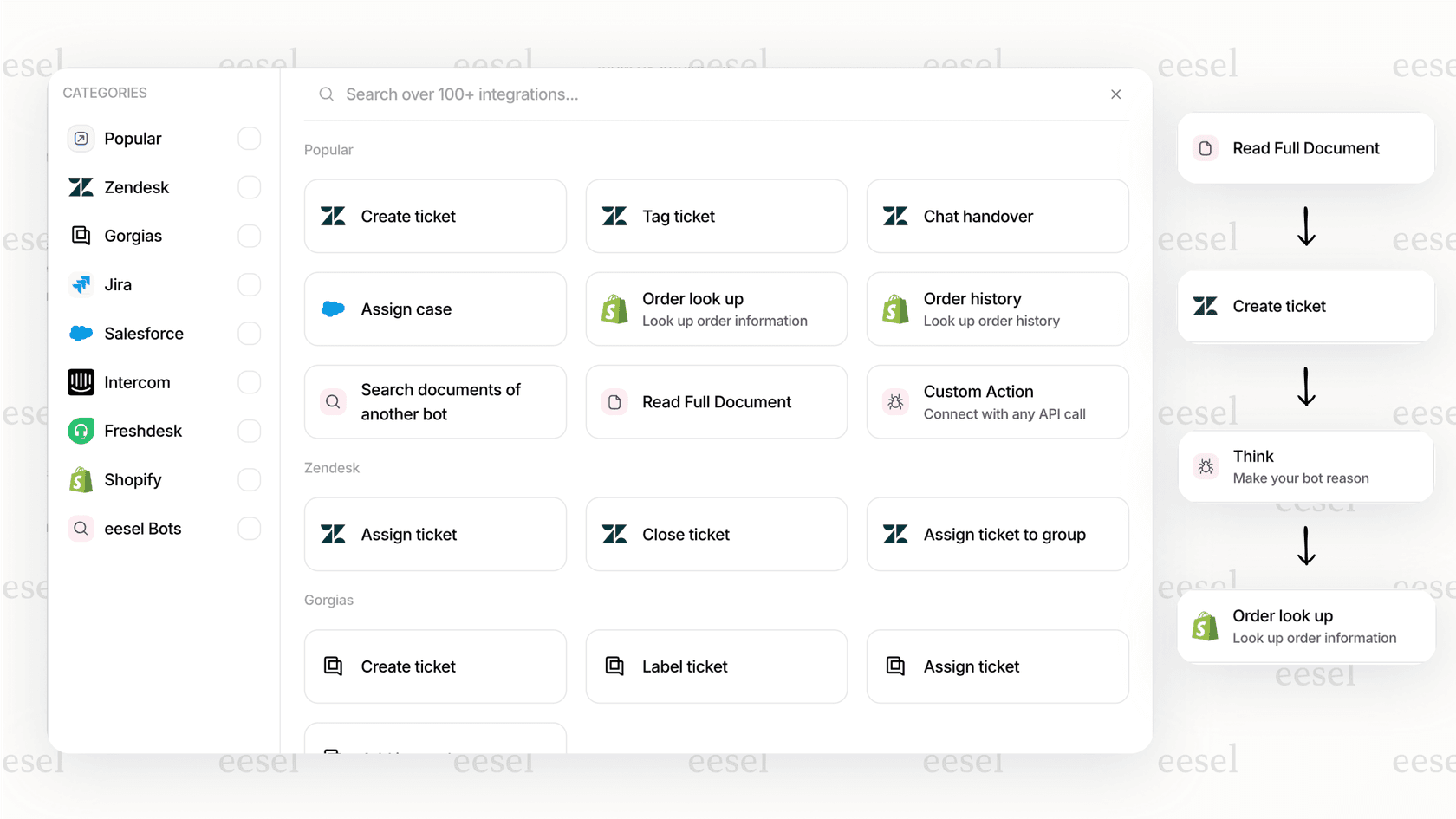 A screenshot of the eesel AI platform showing an AI Action being configured to look up order information in Shopify, a key capability of using AI for workflows.