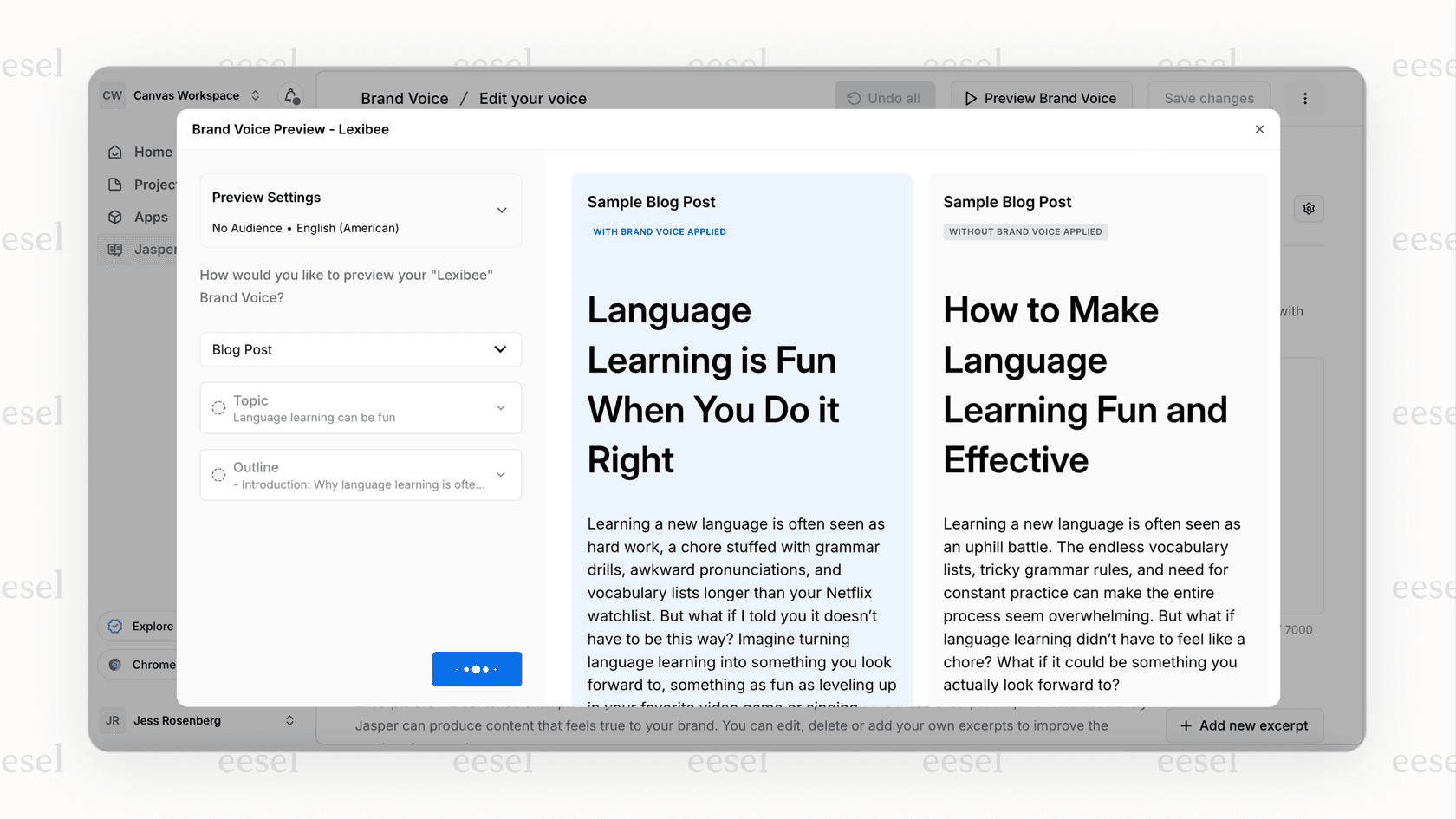 The interface for setting up a brand voice in the Jasper AI tool in writing, with fields for tone, style, and keywords.